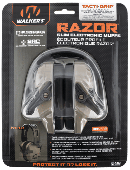Walker's Razor TACTI-GRIP headband Series Slim Electronic Ear Muffs feature a flat dark earth color
